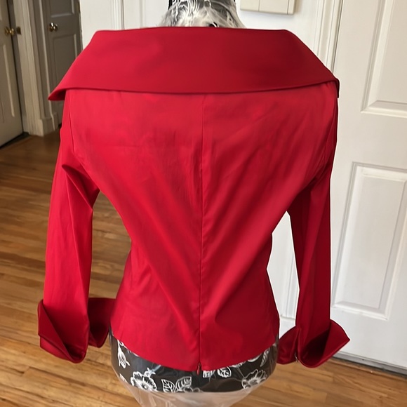 Alex Evening size 14 Red faux wrap top French cuffs Rhinestone detail - Picture 3 of 13